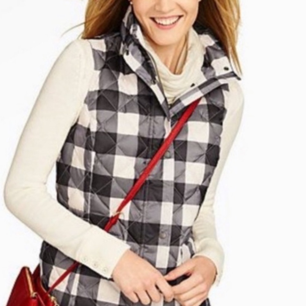 Talbots Women SP Black Ivory Buffalo Plaid Check Down Quilted Puffer Vest